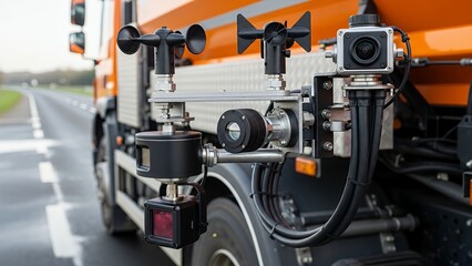 Fototapeta premium Close-up of sensors and camera mounted on a truck.