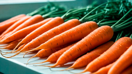 Fresh bright orange carrots with green tops, laid in a row on a light surface. High-resolution image of natural vegetables for healthy eating and cooking.