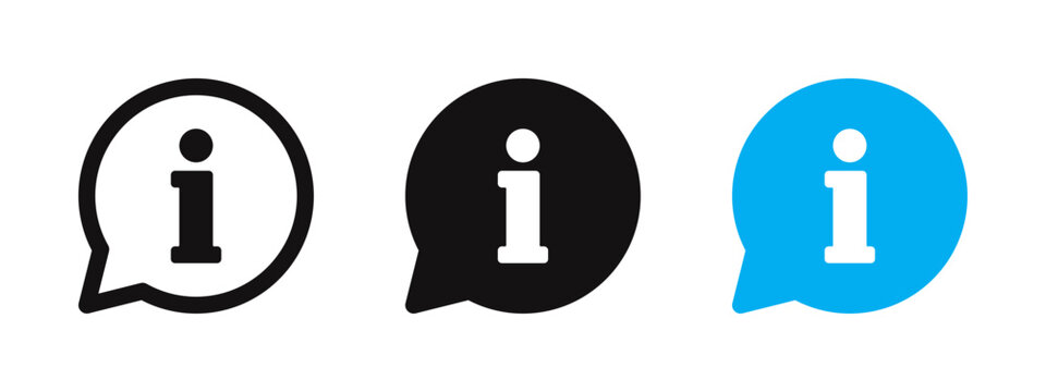 Information bubble icon set for help and support interfaces. Vector illustration of speech bubbles with 'i' letter in outline, solid, and blue styles.
