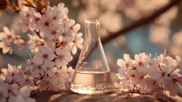 Erlenmeyer Flask with Clear Liquid Displayed Among Delicate Cherry Blossoms on Wood Surface in Warm Ambient Lighting Nature and Laboratory Harmony