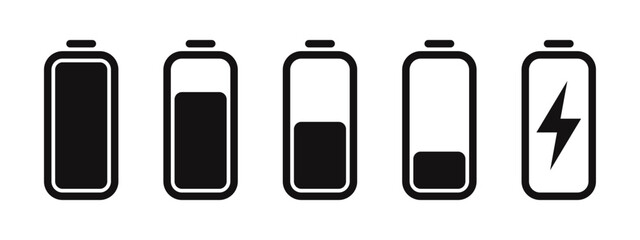 Set of power and battery status icons. Includes power buttons, battery levels full, low, charging.