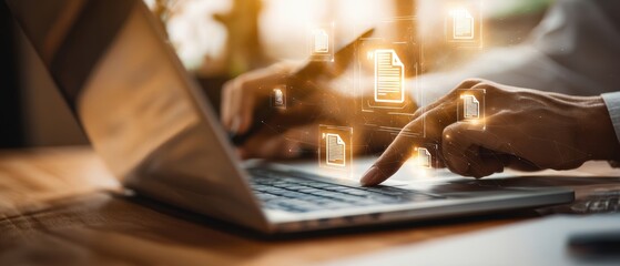 The Laptop User Accessing Cloud Documents with Digital File Icons and Data Visualization