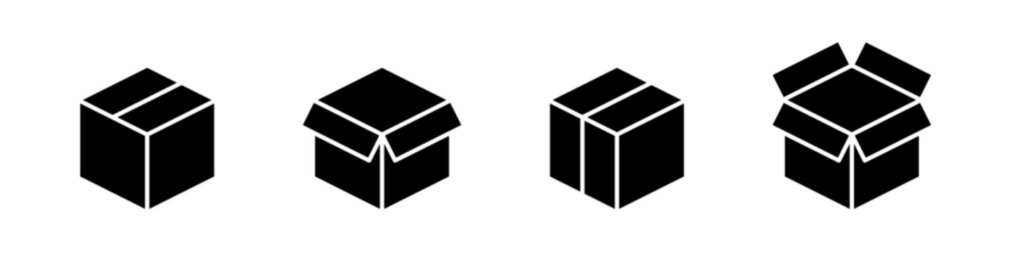 Isometric box icon set for packaging and logistics. Vector illustration of closed and open cubes in solid black style.