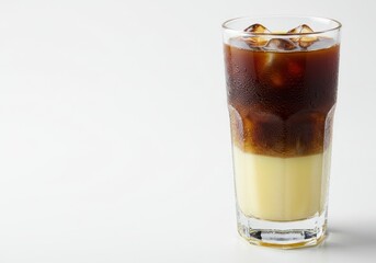 Layered Cold Coffee Beverage with Ice in Tall Glass on White Background