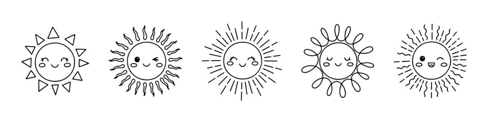 Adorable set of kawaii sun icons featuring cute smiling faces, winking expressions, and sunglasses in line art.