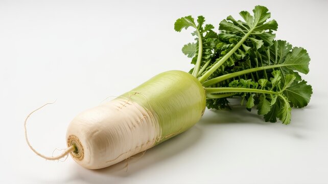 Fresh daikon radish with vibrant green leaves ready for healthy culinary creations and farm-to-table recipes on a clean white background