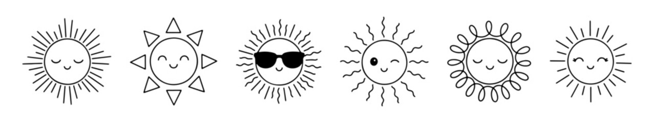 Adorable set of kawaii sun icons featuring cute smiling faces, winking expressions, and sunglasses in line art.