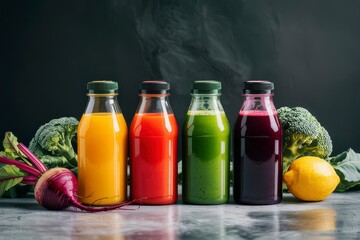Vibrant fruit and vegetable juice bottles for a healthy lifestyle, perfect for detox cleanses and boosting energy in a modern wellness campaign