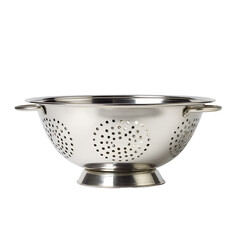 Shiny metal colander with decorative perforations on a white background