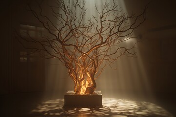 Mysterious glowing tree with fiery core illuminated by dramatic shafts of light