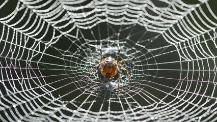 Intricate spiderweb glistening with morning dew, a stunning macro shot capturing nature's artistry and the spider's patient watchfulness within its domain