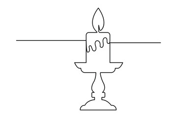 Single continuous line drawing of a burning candle on a holder illustration