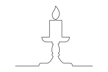 Continuous line art drawing of a burning candle on its holder illustration
