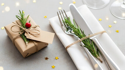Elegant festive table setting with a carefully wrapped gift and dinnerware adorned with fragrant fresh rosemary, ideal for holiday celebrations.