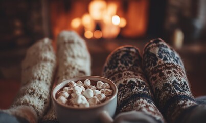 Warm hot chocolate with marshmallows with socks and roaring fire