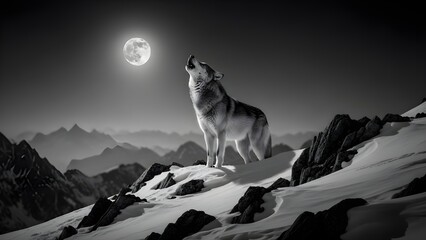 Majestic wolf howling at the full moon in a stunning monochrome mountain landscape, perfect for nature, wildlife, or adventure-themed projects