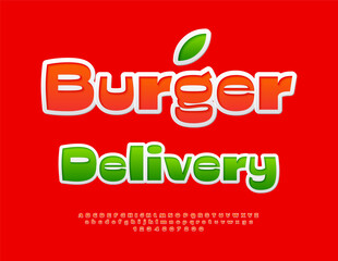 Vector Artistic banner Burger Delivery for Cafe and Restaurant. Fashion Red Sticker Font. Decorative Alphabet Letters and Numbers set. 