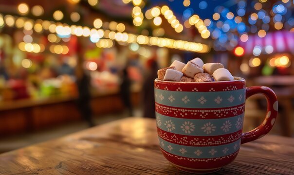 Hot chocolate in mug at christmas market