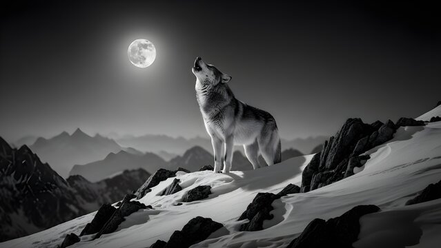 Majestic wolf howling at the full moon in a stunning monochrome mountain landscape, perfect for nature, wildlife, or adventure-themed projects