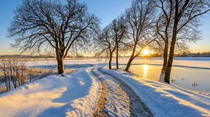 Obraz premium Serene Winter Landscape with Snowy Path and Sunlight Reflection