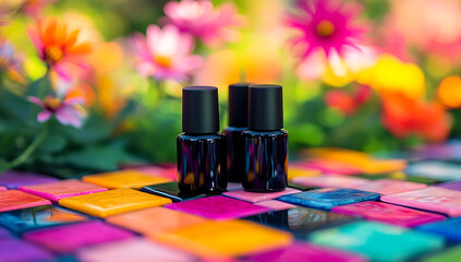 A close-up of three black nail polish bottles