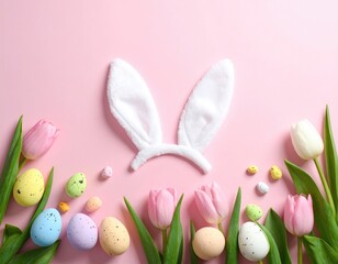 Easter floral lay flat with bunny ears and pastel eggs