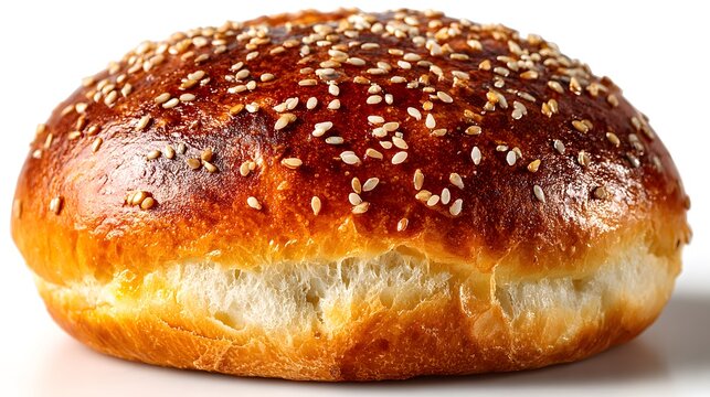Freshly baked golden round brioche bun topped with sesame seeds isolated on clean white background with studio lighting and appetizing look.