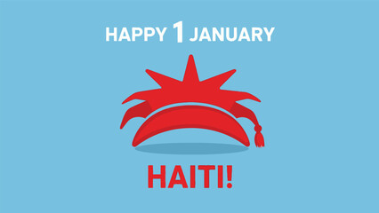 A graphic celebrating Haiti's Independence Day on January 1st with a red stylized sun and crescent on a blue background.