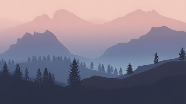Beautiful mountain range landscape with trees and fog nature background wallpaper illustration