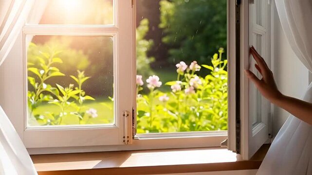 Gentle breeze flows as woman opens window to a bright, sunny garden view