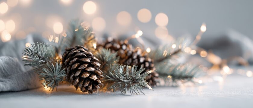 The Pinecones and Evergreen Branches with Warm Fairy Lights on White Surface