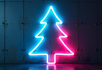 The silhouette of a Christmas tree made of their neon glowing pink-blue ribbon, the background of an iron wall. Futuristic concept, cyberpunk.