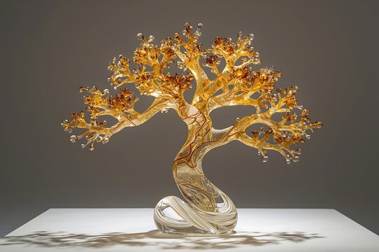 Intricate glass sculpture of a golden tree with illuminated leaves and a curving base