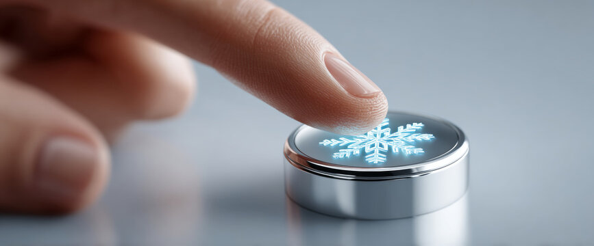 Close-up of finger pressing futuristic button with glowing snowflake icon on metallic surface representing cold or air conditioning control