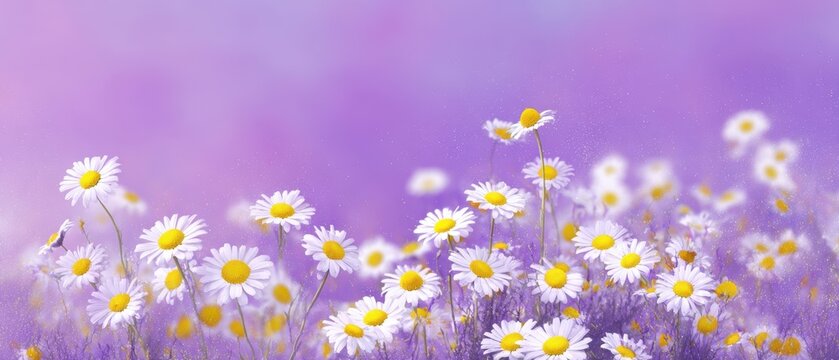 The Daisies in a Soft Purple Meadow with Gentle Sunlit Bokeh Atmosphere