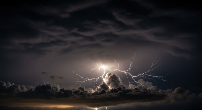 Lightning Storm with Bright Lightning Bolts and Dark Clouds in Night Sky