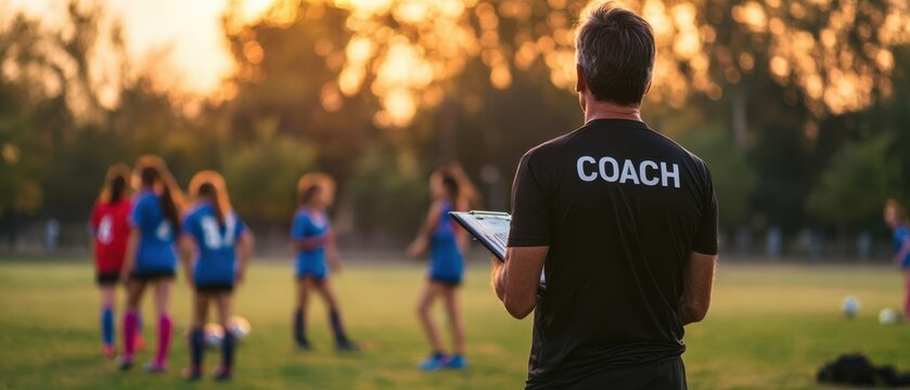 The Coach Observes Youth Soccer Team Practicing on Field at Golden Hour