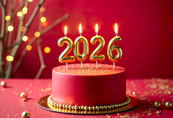 A beautiful red cake with candles in the form of numbers 2026, golden numbers, festive background.