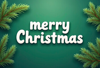 The inscription "merry Christmas" in white letters in italics on a smooth green background. There are spruce twigs on the sides to the left and right. An illustration.