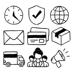 Hand-drawn Business and Delivery Icons Time, Security, Global, Email, Payment, Package, Transport, Team, and Communication