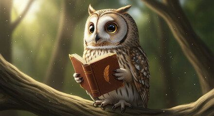Adorable owl reading book on branch in sunlit forest.