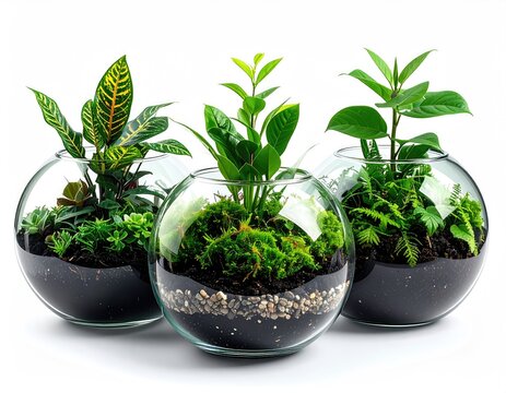 Three glass terrariums with plants, soil, stones.