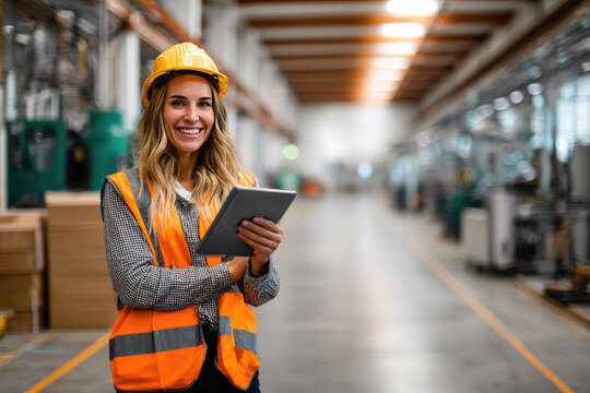 Female worker in factory checking quality of production with digital tablet, smiling confidently in industrial warehouse environment