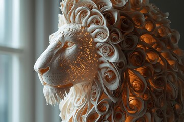 Intricate paper sculpture of a majestic lion s head with detailed mane and expressive eyes