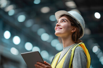 Female worker in factory checking quality of production with tablet while smiling and wearing safety helmet and reflective vest under bright industrial lights