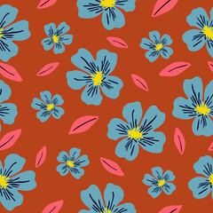 Vibrant blue flowers with yellow centers and bold navy details, paired with bright pink leaves on a rich terracotta background, forming a lively, modern seamless floral pattern.
