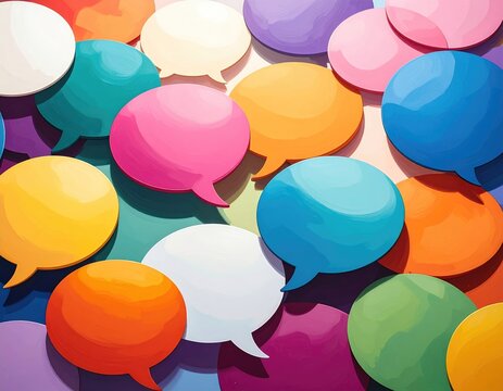 Colorful speech bubbles crowd a bright, flat surface - Powered by Adobe