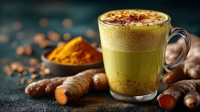 Golden turmeric latte in clear glass cup on dark textured table with scattered turmeric powder and ginger root in background and soft light.