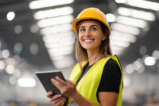 Female worker in factory checking quality of production with digital tablet, wearing yellow safety vest and hard hat, smiling confidently in industrial warehouse environment