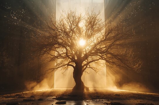 Majestic ancient tree bathed in golden sunlight rays amidst a misty forest